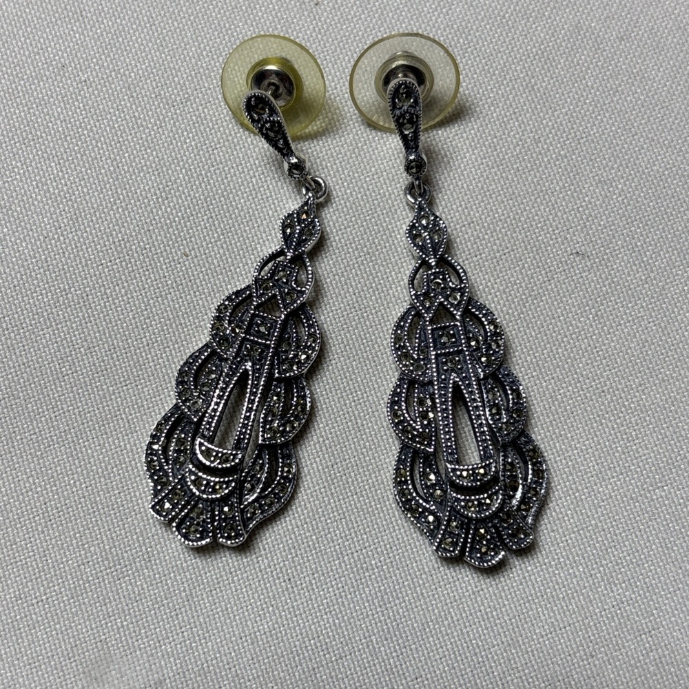 JUDITH JACK Sterling Silver Vintage Real Marcasite Marquise Oxidized Earring 925